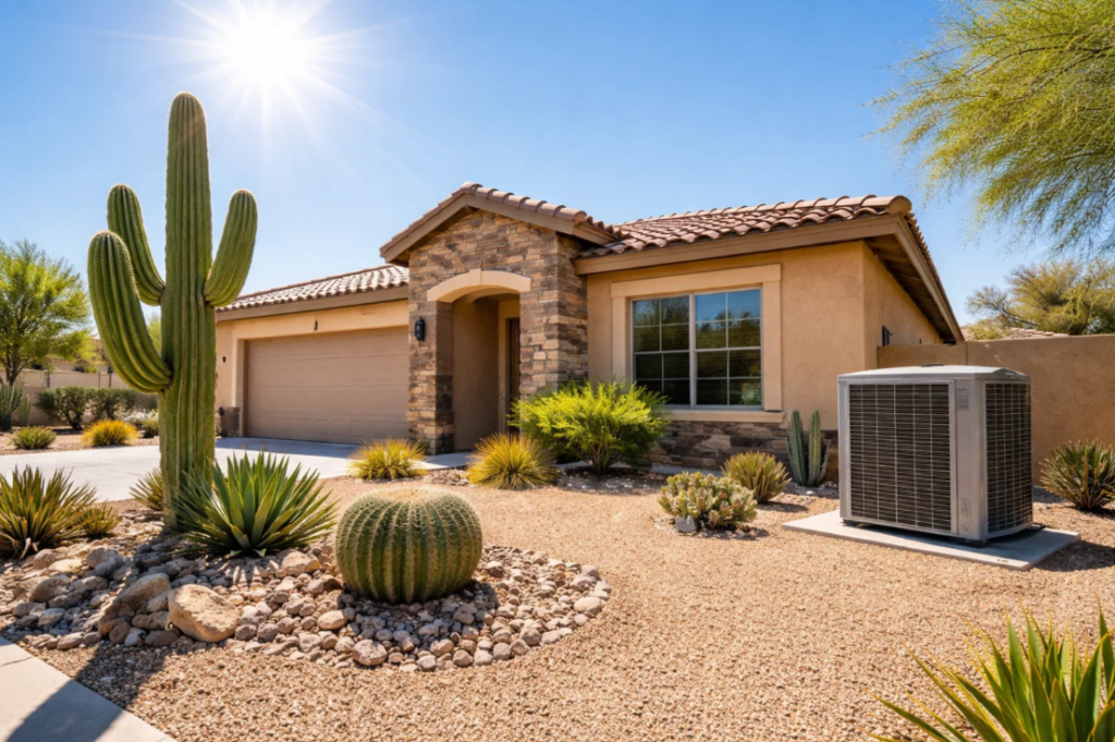 Home maintenance costs in Phoenix Arizona showing desert climate house with HVAC unit and desert landscaping