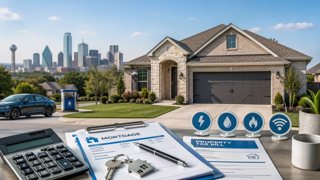 Dallas homeownership cost concept showing a suburban house, Dallas skyline, and icons for mortgage, taxes, utilities, and transportation.