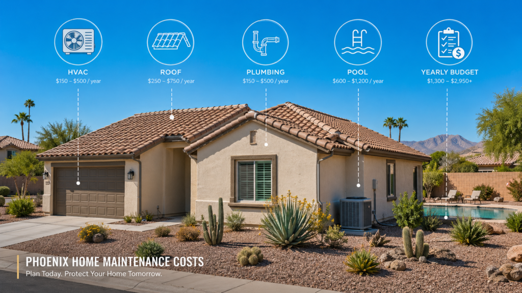 Phoenix home exterior under desert sun showing HVAC, roof, pool, and maintenance cost planning elements.