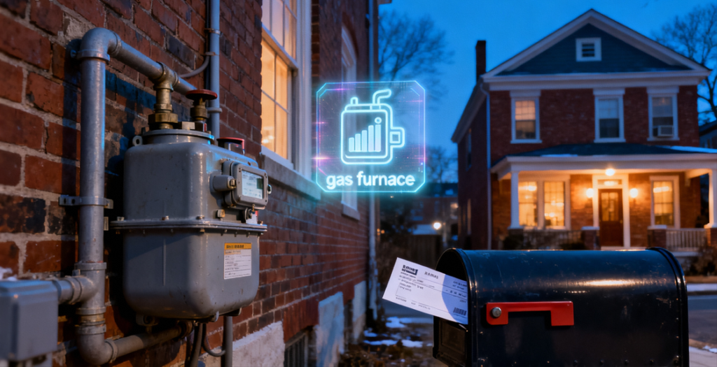 Boston home in winter with utility bill icons for electricity, gas, water, and sewer costs.