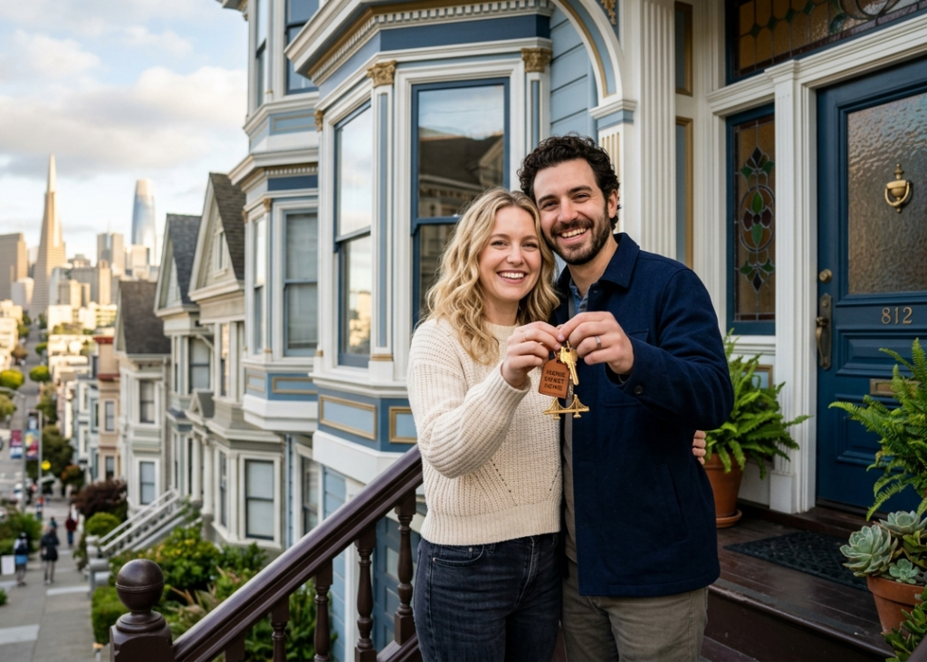Couple holding house keys in front of a San Francisco home representing the monthly cost of owning a house in San Francisco