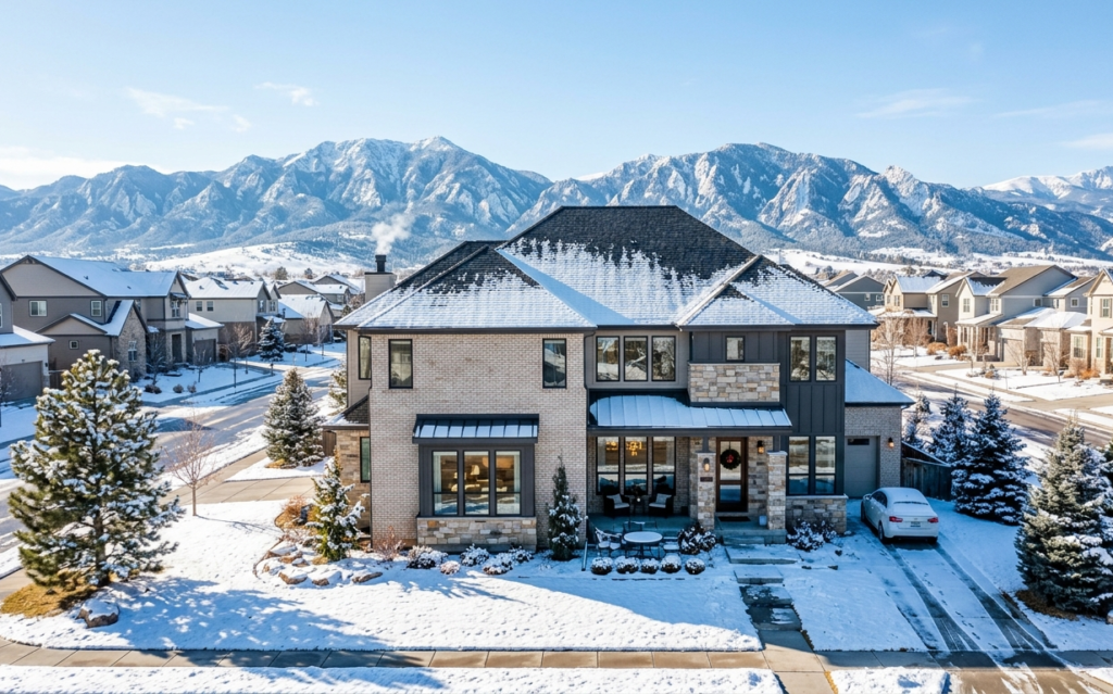 Residential home in Denver with snowy surroundings showing yearly homeowner expenses and cost of living