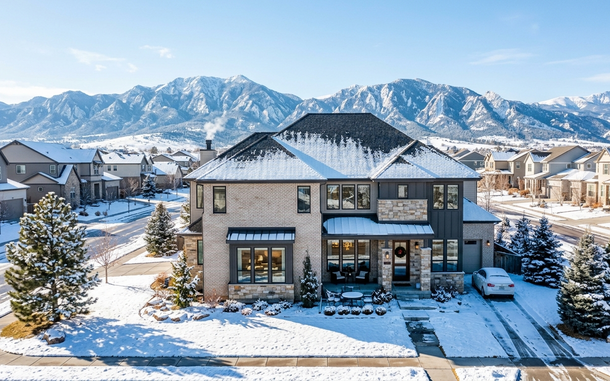 Residential home in Denver with snowy surroundings showing yearly homeowner expenses and cost of living
