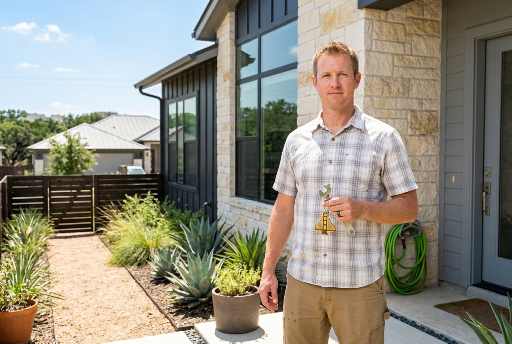 Homeowner maintaining a house in Austin Texas under strong sunlight representing annual home maintenance costs