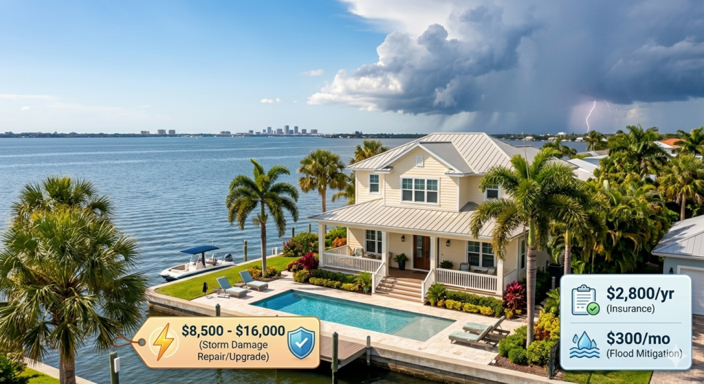 Coastal home in Tampa Florida with palm trees and storm clouds representing hidden homeowner costs and insurance risks