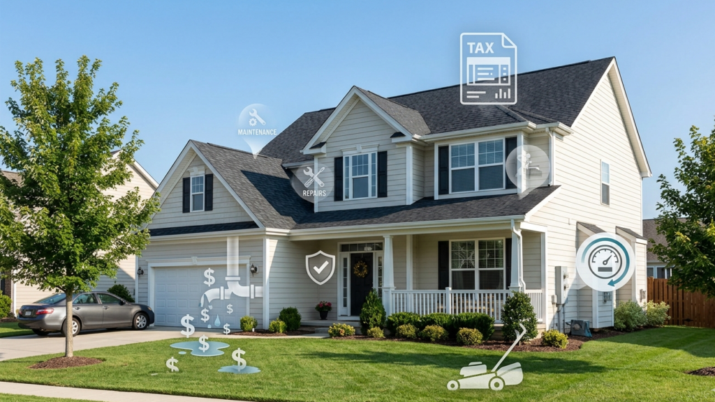 Illustration of a home surrounded by hidden ownership costs like taxes, utilities, maintenance, and insurance